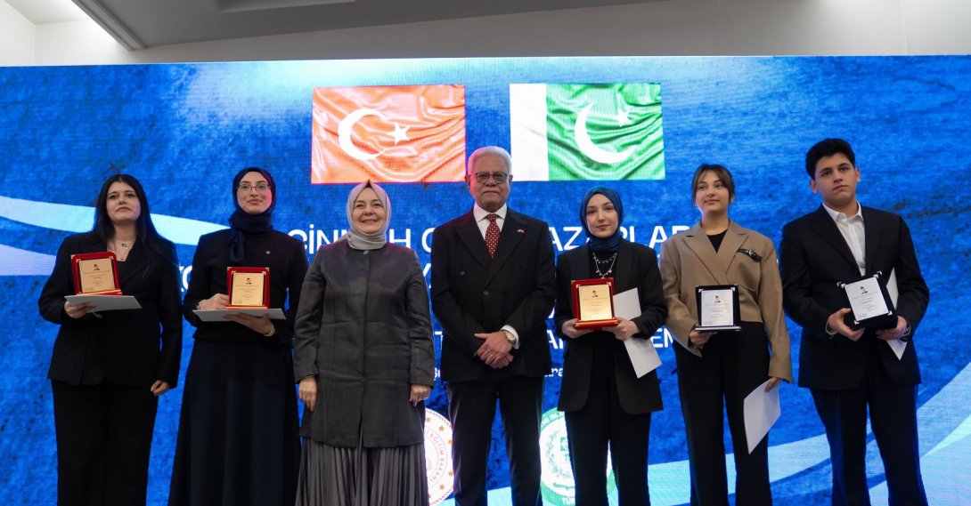 Students who earned top placements in the competition receive their awards at the annual Jinnah Young Writers Award ceremony in Ankara, Feb. 4, 2026. (AA Photo)