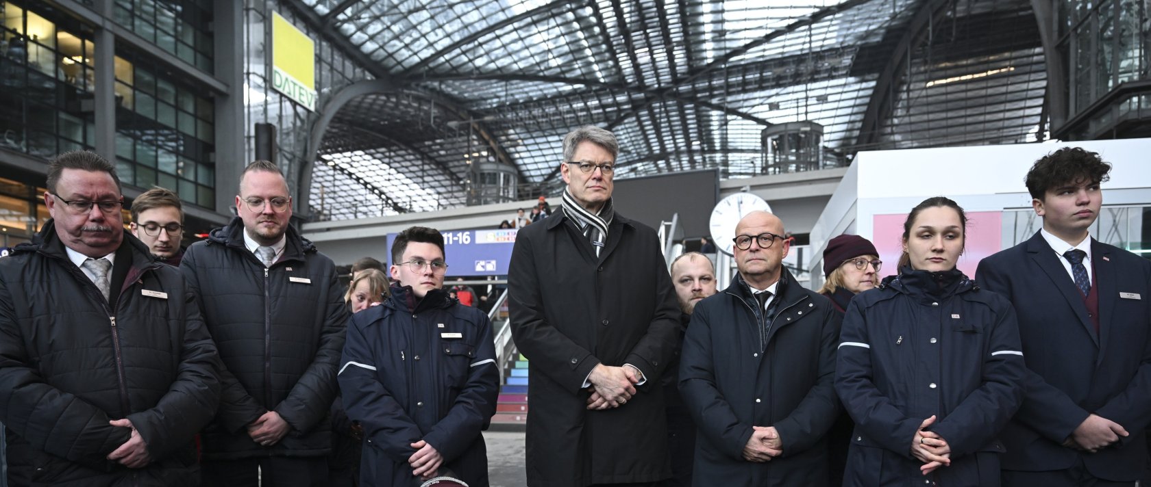 Railway workers commemorate conductor Serkan C. at the Berlin Hauptbahnhof, Feb. 4, 2026. (AA Photo)