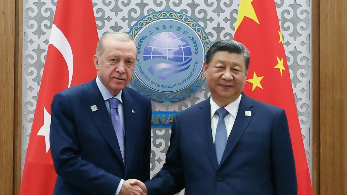 President Recep Tayyip Erdoğan shakes hands with Chinese President Xi Jinping during their meeting, Astana, Kazakhstan, July 4, 2024. (AA Photo)