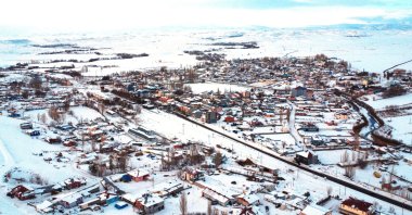 In this aerial photo town of Akyaka, located on the Türkiye-Armenia border, is seen under snowfall, Kars, Türkiye, Jan. 20, 2026. (AA Photo)