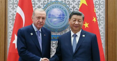 President Recep Tayyip Erdoğan shakes hands with Chinese President Xi Jinping during their meeting, Astana, Kazakhstan, July 4, 2024. (AA Photo)