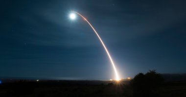 An unarmed Minuteman III intercontinental ballistic missile is launched during a developmental test on Feb. 5, 2020. (AFP Photo)