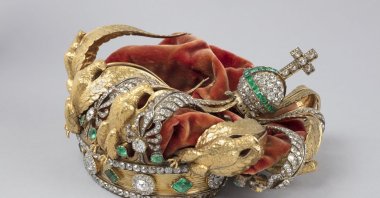 This handout photograph shows the damaged crown of Empress Eugenie de Montijo after it was dropped during the heist from the Apollo Gallery at the Louvre Museum, Paris, France, Oct. 19, 2025. (AFP Photo)