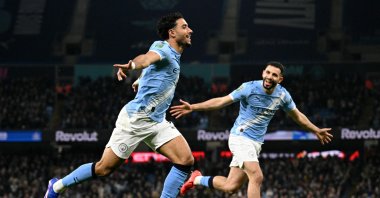 Manchester City's Omar Marmoush (L) celebrates scoring the team's first goal during the English League Cup semifinal second leg football match between Manchester City and Newcastle United at the Etihad Stadium, Manchester, U.K., Feb. 4, 2026. (AFP Photo)