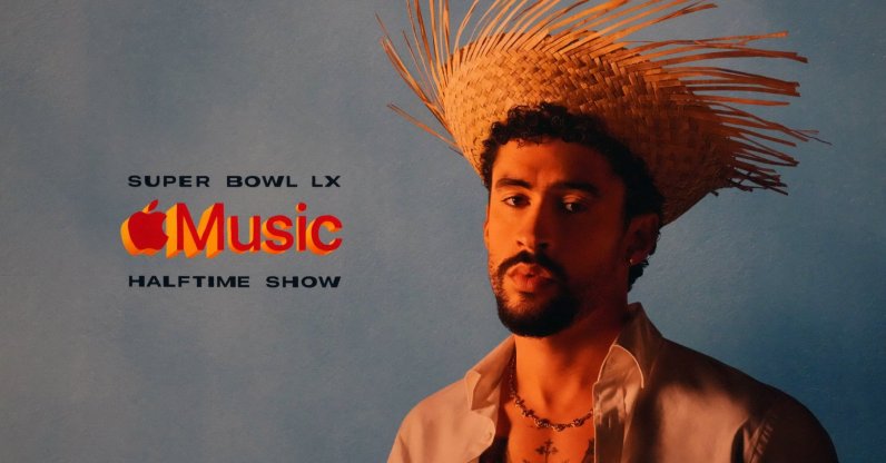 A Bad Bunny advertisement for the Apple Music Super Bowl 60 halftime show at the Super Bowl LX media center at the Moscone Center, San Francisco, California, U.S., Feb. 4, 2026. (Reuters Photo)