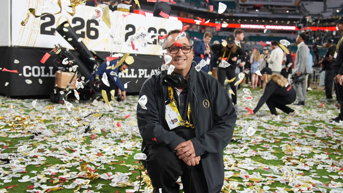 Noah Winter, responsible for the confetti displays, poses for a picture after the College Football Playoff national championship game in Miami Gardens, Florida, U.S., Jan. 19, 2026. (AP Photo