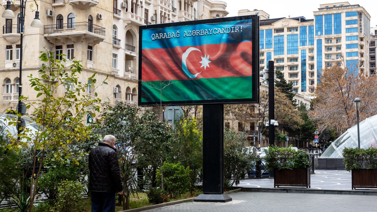A street banner which says 'Karabakh is Azerbaijan' is seen in the centre of Baku, Azerbaijan, Nov. 17, 2024. (AFP File Photo)