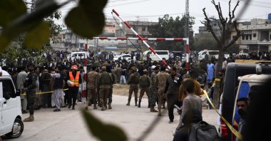 Pakistani security officials stand guard at the scene of a suicide bomb blast targeting a Shiite mosque in Islamabad, Pakistan, Feb. 6, 2026. (EPA Photo)