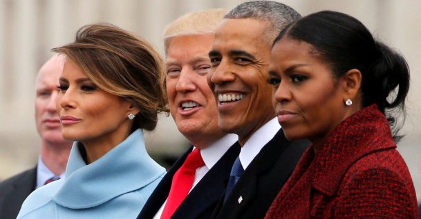 U.S. President Donald Trump and first lady Melania Trump see off former U.S. President Barack Obama and his wife Michelle Obama as they depart following Trump's inauguration at the Capitol in Washington, U.S. Jan. 20, 2017. (Reuters Photo)
