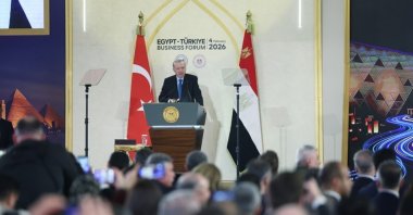 President Recep Tayyip Erdoğan makes a speech during the Egypt-Türkiye Business Forum, which brought together economic officials and business representatives from both countries, Cairo, Egypt, Feb. 6, 2026. (İHA Photo)