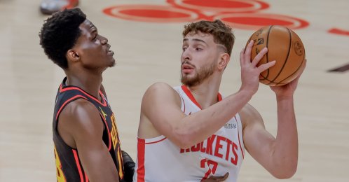Houston Rockets centerAlperen Şengün (R) in action against Atlanta Hawks forward Mouhamed Gueye (L) during the first half of an NBA basketball game between the Houston Rockets and the Atlanta Hawks in Atlanta, Georgia, U.S., Jan. 29, 2026. (EPA Photo)
