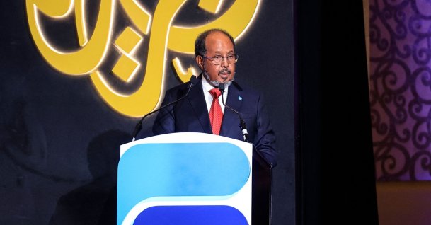 Somalia's President Hassan Sheikh Mohamud speaks during an event in Doha, Qatar, Feb. 7, 2026. (AFP Photo)