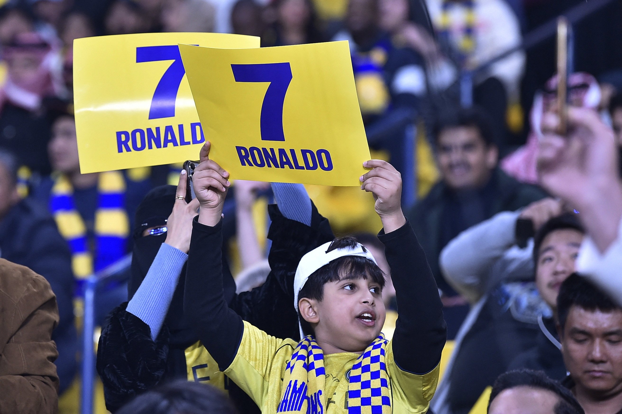 Al Nassr fans display banners with Cristiano Ronaldo’s player number in the stands during the Saudi Pro League match against Al Ittihad at Al Awwal Park in Riyadh, Saudi Arabia, Feb. 6, 2026. (Reuters Photo)
