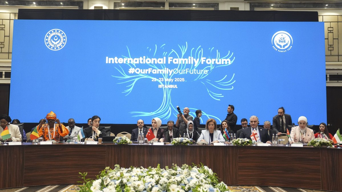 Family and Social Services Minister Mahinur Özdemir Göktaş (C) speaks at the forum, Istanbul, Türkiye, May 22, 2025. (AA Photo)