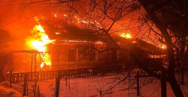 A private house on fire following a Russian drone attack in the Chernihiv region, Ukraine, Feb. 9, 2026. (AFP Photo)