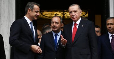 President Recep Tayyip Erdoğan leaves after his meeting with Greek Prime Minister Kyriakos Mitsotakis (L), Athens, Greece, Dec. 7, 2023. (AP Photo)