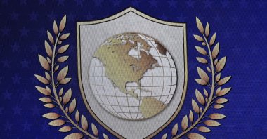 This photograph shows the logo of the "Board of Peace" during the World Economic Forum (WEF) annual meeting in Davos, Jan. 22, 2026. (AFP File Photo)