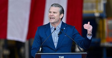U.S. Defense Secretary Pete Hegseth speaks at Blue Origin in Cape Canaveral, Florida, Feb. 2, 2026.  (AFP Photo)