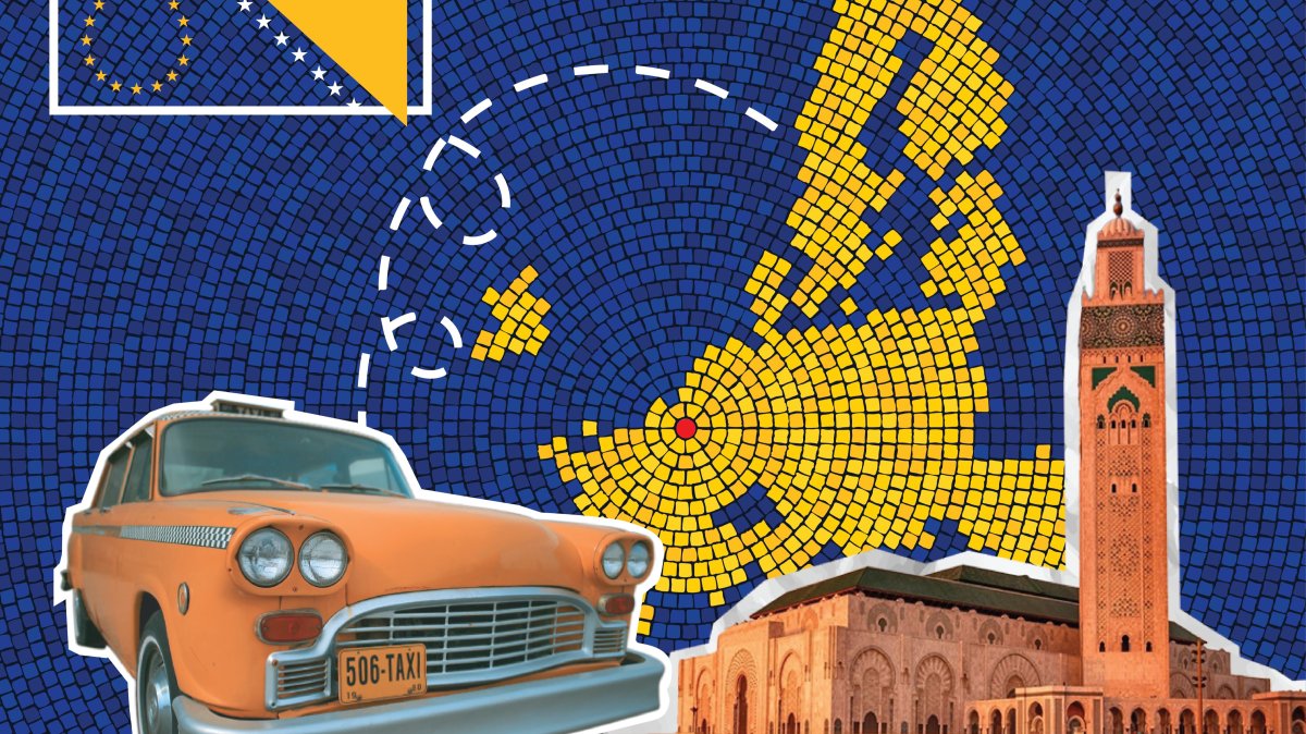 An illustration created by Daily Sabah's designer Nizam Arslan consists of a map and flag of the European Union, along with the flag of Bosnia-Herzegovina and the Hassan II Mosque (R) in Casablanca, which was symbolically referred to by the author. (Illustration by Nizam Arslan)