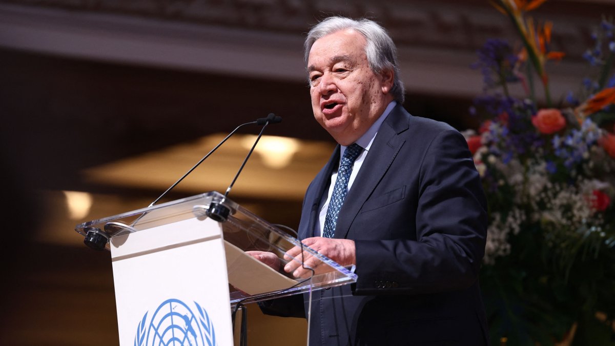 U.N. Secretary-General Antonio Guterres speaks at the UNA-U.K. conference to mark the 80th anniversary of the founding of the U.N., at Methodist Central Hall, the site of the inaugural U.N. General Assembly, in London, Jan. 17, 2026. (AFP File Photo)