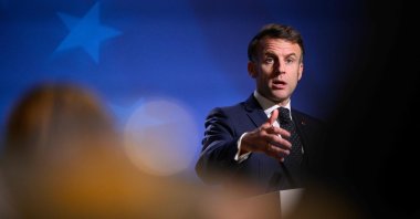 France's President Emmanuel Macron speaks at a press conference after the European Council meeting in Brussels, Belgium, Dec. 19, 2025. (AFP Photo)