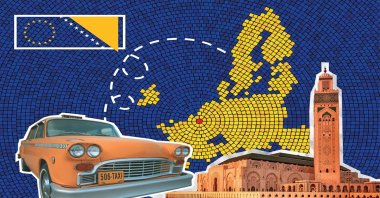An illustration created by Daily Sabah's designer Nizam Arslan consists of a map and flag of the European Union, along with the flag of Bosnia-Herzegovina and the Hassan II Mosque (R) in Casablanca, which was symbolically referred to by the author. (Illustration by Nizam Arslan)