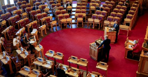 Finance Minister Trygve Slagsvold Vedum and Sveinung Rotevatn during the oral question time in the Norwegian National Parliament, Oslo, March 6, 2024. (AFP File PHoto)