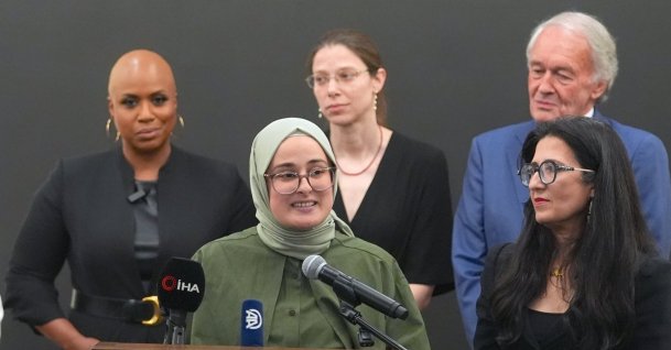 Rümeysa Öztürk speaks at the news conference at Logan Airport, Massachusetts, U.S., May 10, 2025. (AA Photo)