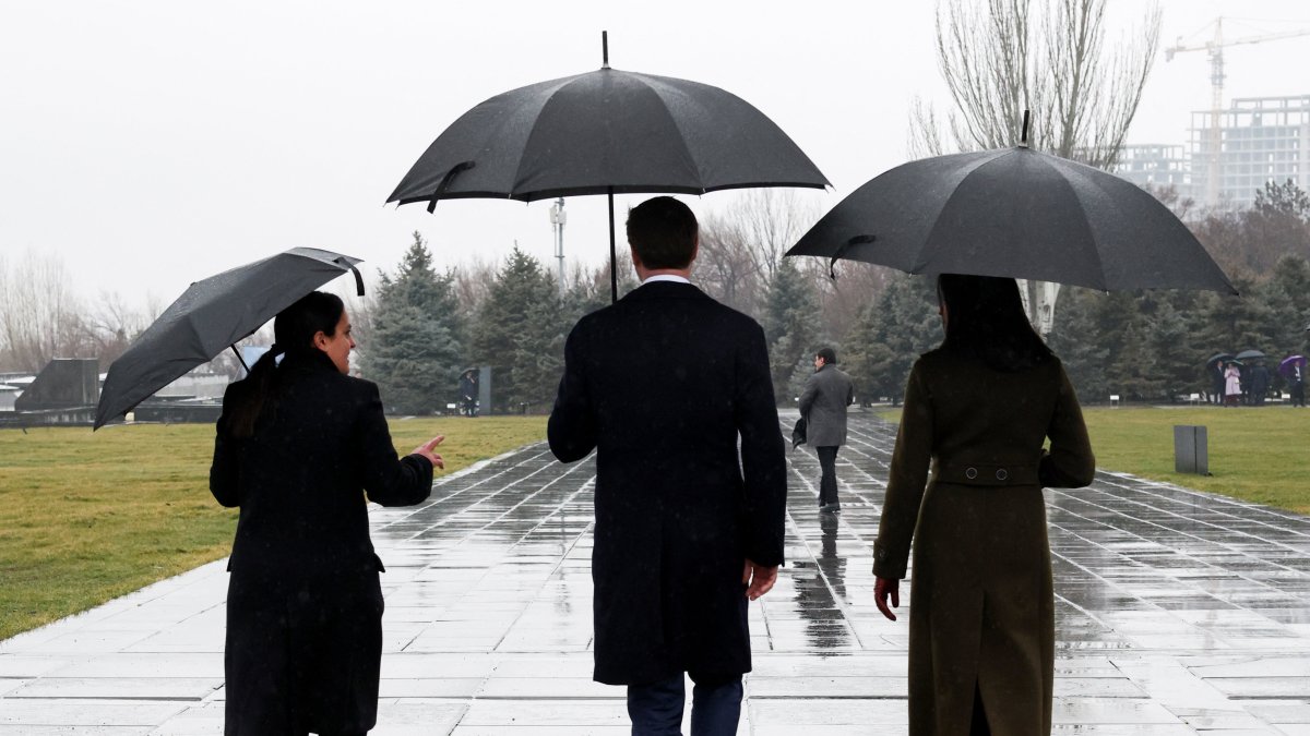 U.S. Vice President JD Vance (C) and second lady, Usha Vance (R), following the visit to the memorial, Yerevan, Armenia, Feb. 10, 2026. (Reuters Photo)