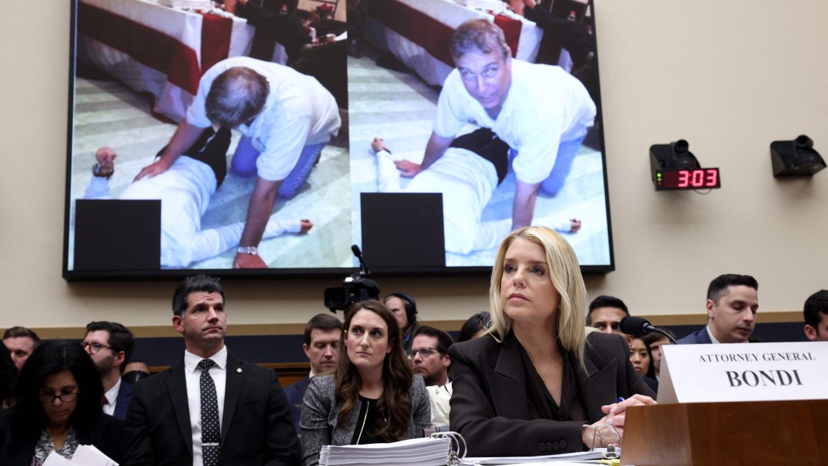 A photo of Andrew Mountbatten Windsor is displayed as U.S. Attorney General Pam Bondi testifies during a House Judiciary Committee hearing on "Oversight of the Department of Justice" on Capitol Hill in Washington, DC, U.S., Feb. 11, 2026. (AFP Photo)