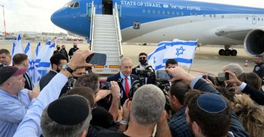Israeli Prime Minister Benjamin Netanyahu speaks to the press before leaving for U.S., Tel Aviv, Israel, Feb. 10, 2026. (DHA Photo)