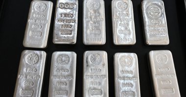 Silver bars are displayed at a shop in downtown Kuwait City, Kuwait, Jan. 12, 2026. (AFP Photo)
