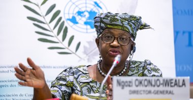 Nigeria’s Ngozi Okonjo-Iweala, director-general of the World Trade Organization (WTO), speaks to journalists at the WTO headquarters, Geneva, Switzerland, Feb. 11, 2026. (EPA Photo)