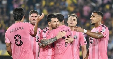 Inter Miami's Argentine Lionel Messi (3rd L) celebrates scoring his team's first goal during the friendly football match between Ecuador's Barcelona and the US' Inter Miami at the Banco Pichincha Stadium, Guayaquil, Ecuador, Feb. 7, 2026. (AFP Photo)