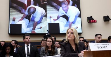 A photo of Andrew Mountbatten Windsor is displayed as U.S. Attorney General Pam Bondi testifies during a House Judiciary Committee hearing on "Oversight of the Department of Justice" on Capitol Hill in Washington, DC, U.S., Feb. 11, 2026. (AFP Photo)
