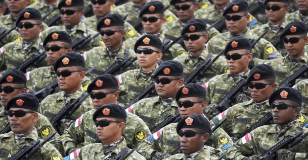 Indonesian troops march on the Champs-Elysees Avenue during the Bastille Day parade, Paris, France, July 14, 2025. (AP Photo)