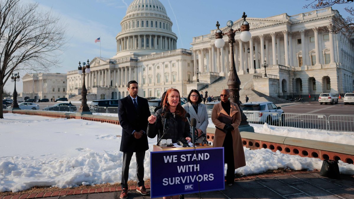 U.S. Rep. Melanie Stansbury (D-NM) speaks at a news conference with survivors of Jeffrey Epstein outside the U.S. Capitol, Feb. 11, 2026. (AFP PHoto)