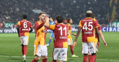 Galatasaray players celebrate during the Süper Lig match against Rizespor at Çaykur Didi Stadium, Rize, Türkiye, Feb. 8, 2026. (IHA Photo)
