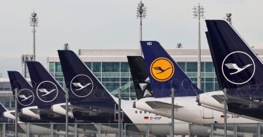 Airplanes of the Lufthansa carrier are parked on the tarmac during a strike at the international airport, Munich, Germany, Feb. 12, 2026. (EPA Photo)
