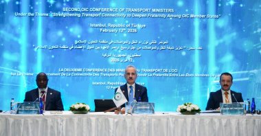 Transport and Infrastructure Minister Abdulkadir Uraloğlu (C) attends the 2nd Conference of Ministers of Transport of the Organisation of Islamic Cooperation (OIC), Istanbul, Türkiye, Feb. 12, 2026. (AA Photo)