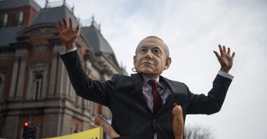 Pro-Palestinian demonstrators protest Benjamin Netanyahu's visit to the U.S., Washington, D.C., U.S., Feb. 11, 2026. (AA Photo)