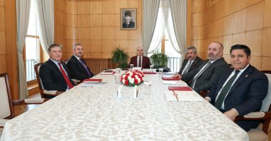 Parliament Speaker Numan Kurtulmuş (C) hosts representatives of political parties for the terror-free Türkiye committee, Ankara, Türkiye, Feb. 4, 2026. (AA Photo)