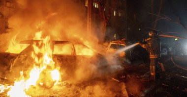 Ukrainian rescuers work at the site of a Russian early-morning guided bomb strike on a residential area in Kramatorsk of Donetsk region, eastern Ukraine, Feb. 12, 2026. (EPA Photo)