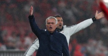 Benfica head coach Jose Mourinho reacts during the Primeira Liga match against Alverca at the Estadio da Luz, Lisbon, Portugal, Feb. 8, 2026. (Reuters Photo)