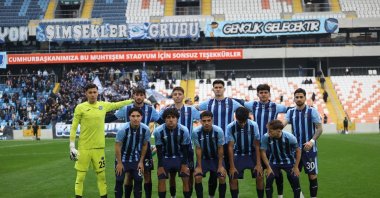 Adana Demirspor players pose for a photo before the 1. Lig match against Bodrumspor at the New Adana Stadium, Adana, Türkiye, Feb. 8, 2026. (DHA Photo)