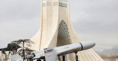 A Shahed drone on display during the 47th anniversary of the Islamic Revolution in Tehran, Iran Feb. 11, 2026. (West Asia News Agency via Reuters) 