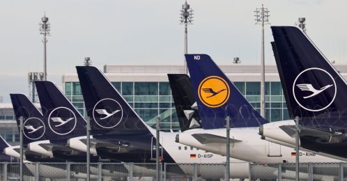 Airplanes of the Lufthansa carrier are parked on the tarmac during a strike at the international airport, Munich, Germany, Feb. 12, 2026. (EPA Photo)