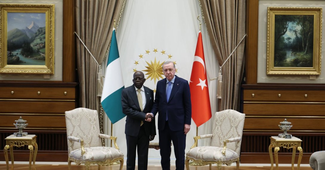 President Recep Tayyip Erdoğan shakes hands with Nigerian President Bola Ahmed Tinubu during their meeting in Ankara, Türkiye, Jan. 27, 2026. (İHA Photo)