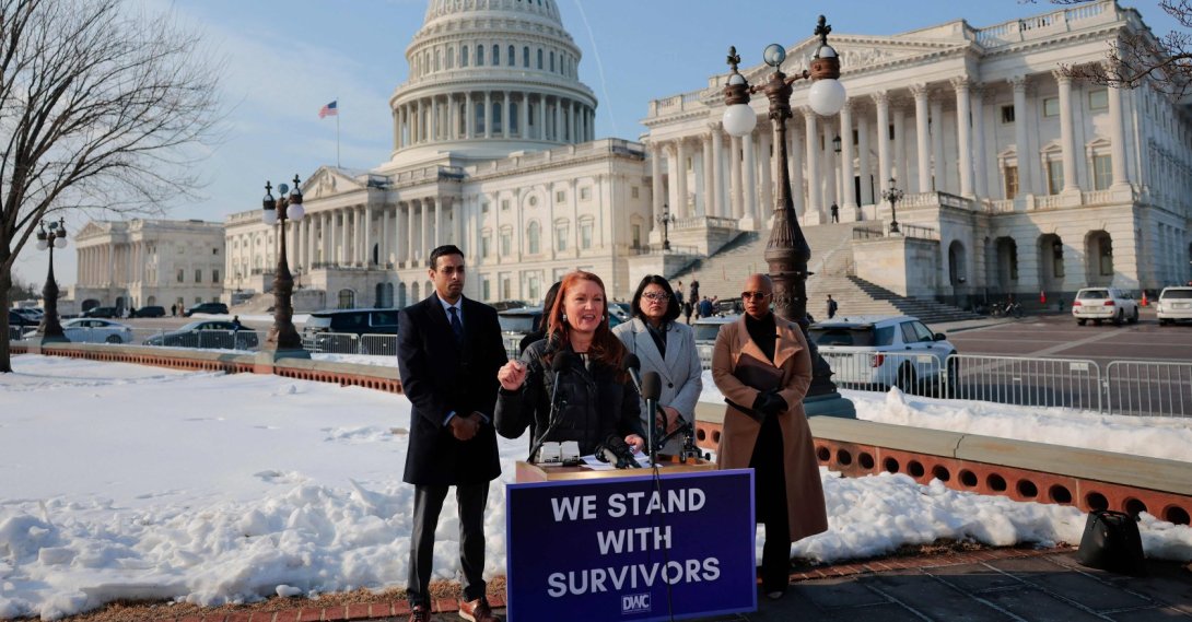 U.S. Rep. Melanie Stansbury (D-NM) speaks at a news conference with survivors of Jeffrey Epstein outside the U.S. Capitol, Feb. 11, 2026. (AFP PHoto)