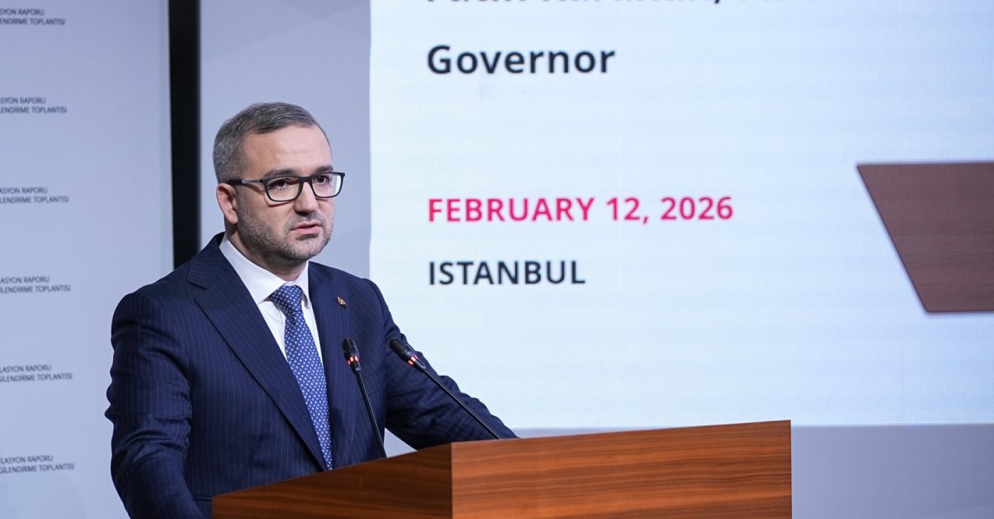 Central Bank of the Republic of Türkiye (CBRT) Governor Fatih Karahan delivers a presentation on this year's first inflation report, Istanbul, Türkiye, Feb. 12, 2026. (AA Photo)